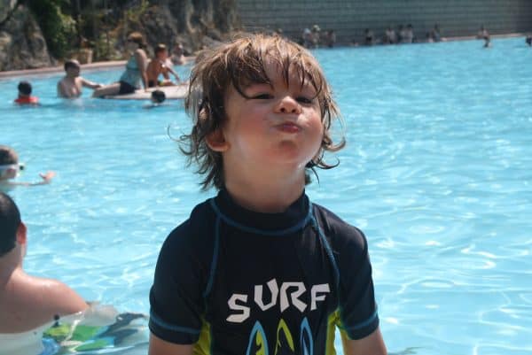 Dexter with hearing loss from branchiootorenal syndrome at the pool