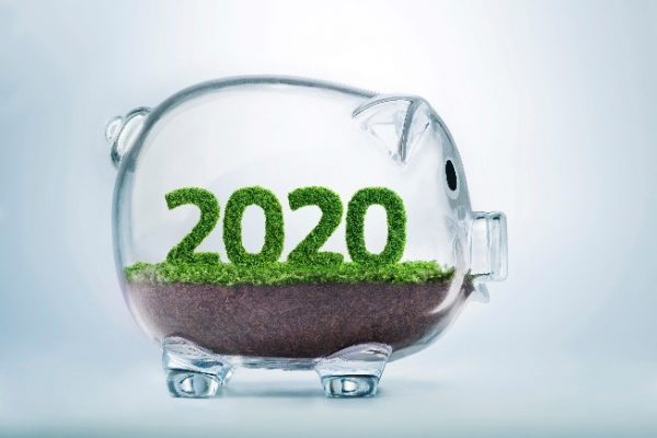 A glass piggy bank with a plant growing inside it that is shaped to look like 2020