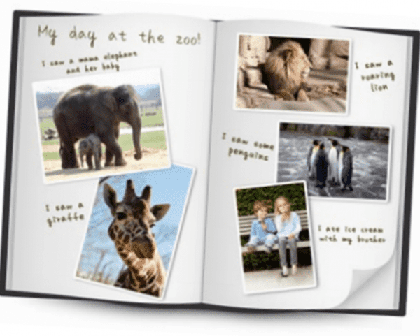 Experience books for cochlear implant with images of animals at a zoo and handwritten captions.