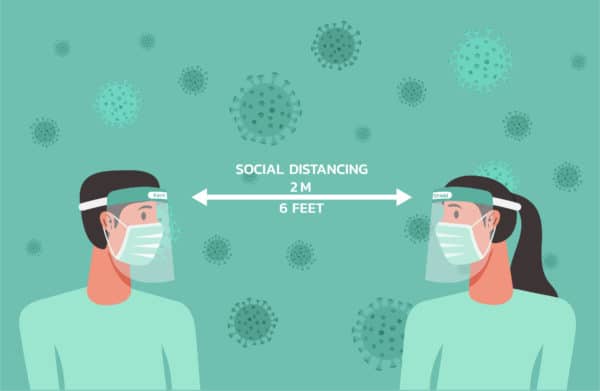 A cartoon image of two people standing 6 feet apart wearing face masks while social distancing.