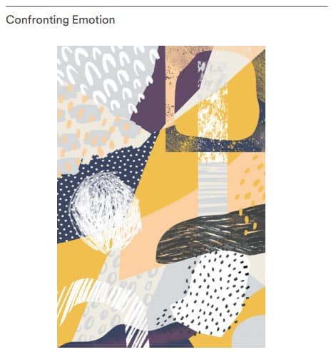 Artist hearing loss journey inspires cochlear illustrations. This illustration is "Confronting Emotion" and has a variety of shapes and textures with lots of greys and blues.
