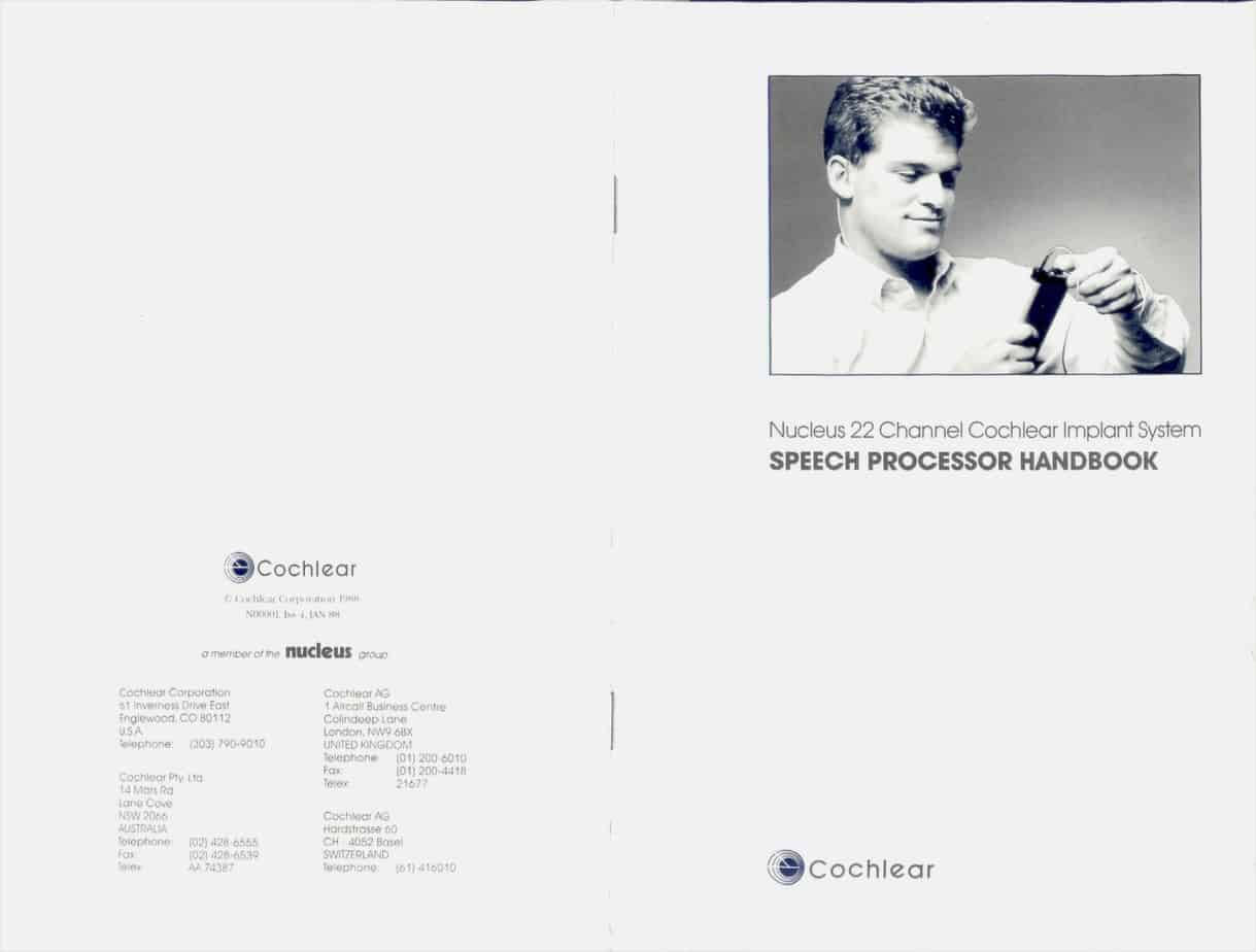 Dan, one of the earliest cochlear implant recipients, modeling on a sound processor handbook
